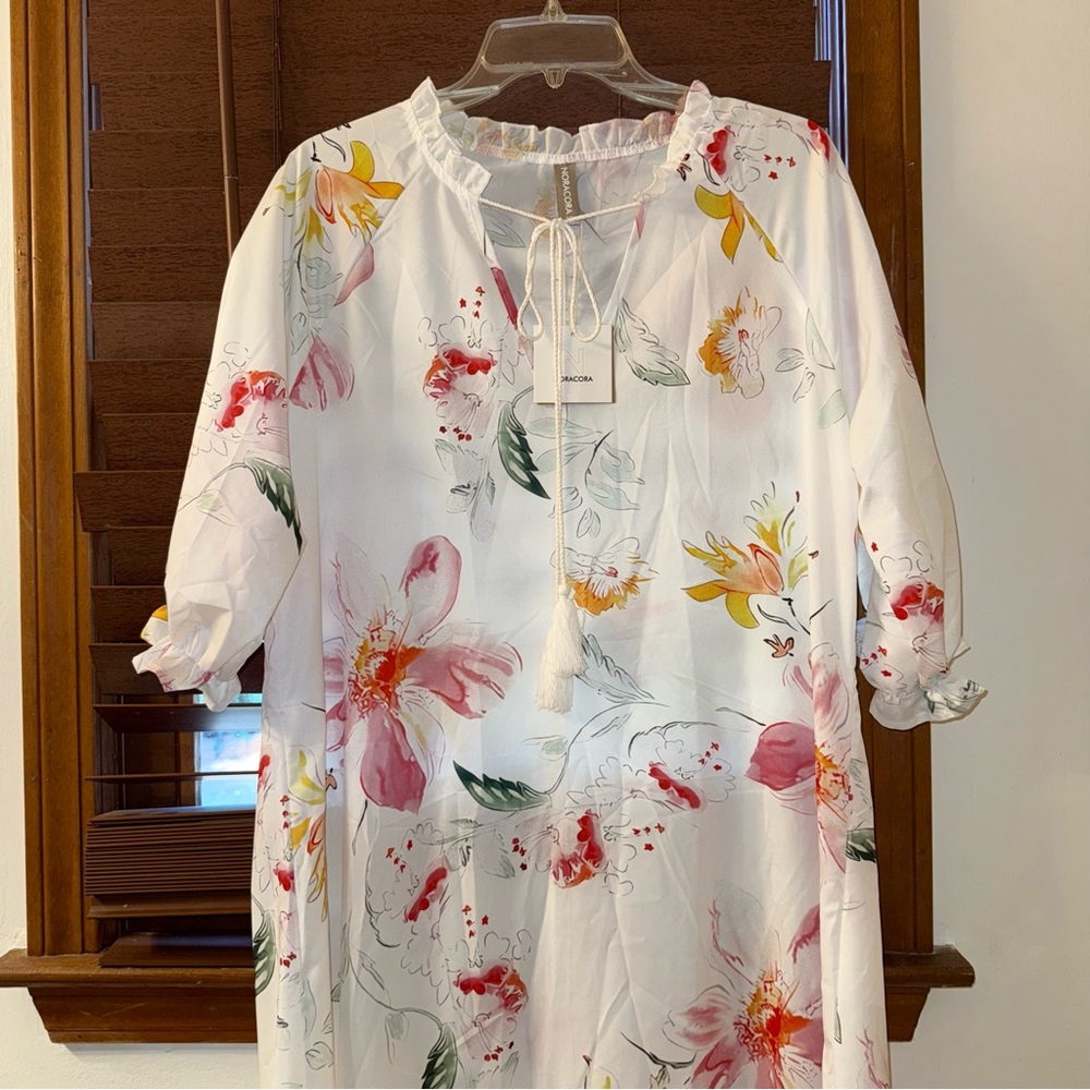 NWT Noracora White Floral Midi Half-Sleeve V-Neck Polyester Dress w/ Tassel XL - Picture 7 of 9